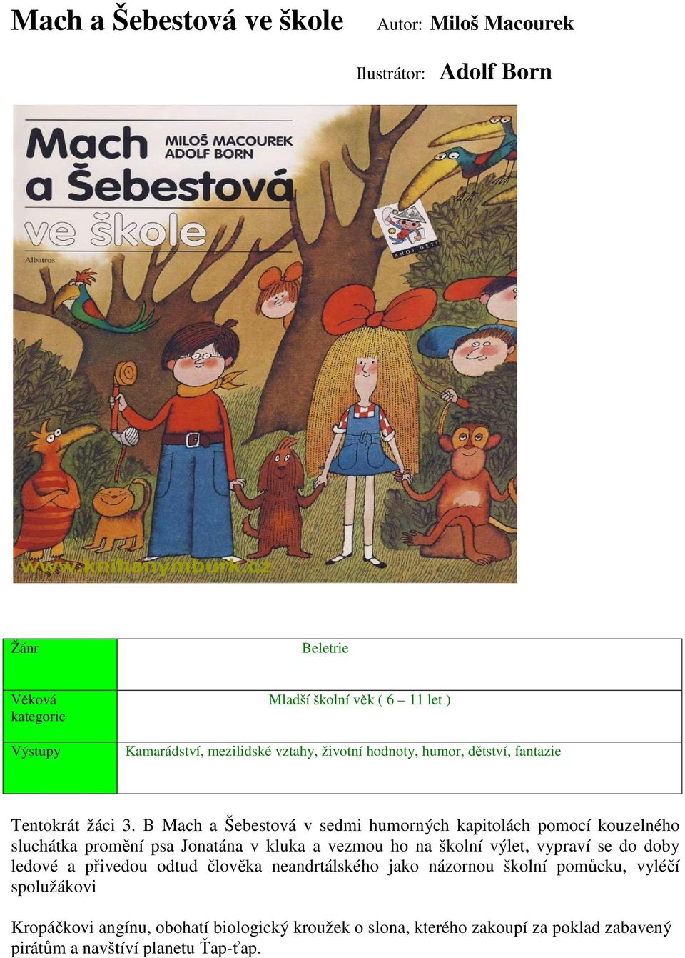 B Mach a Šebestová v sedmi humorných kapitolách pomocí kouzelného sluchátka promění psa Jonatána v kluka a vezmou ho na školní výlet, vypraví se do