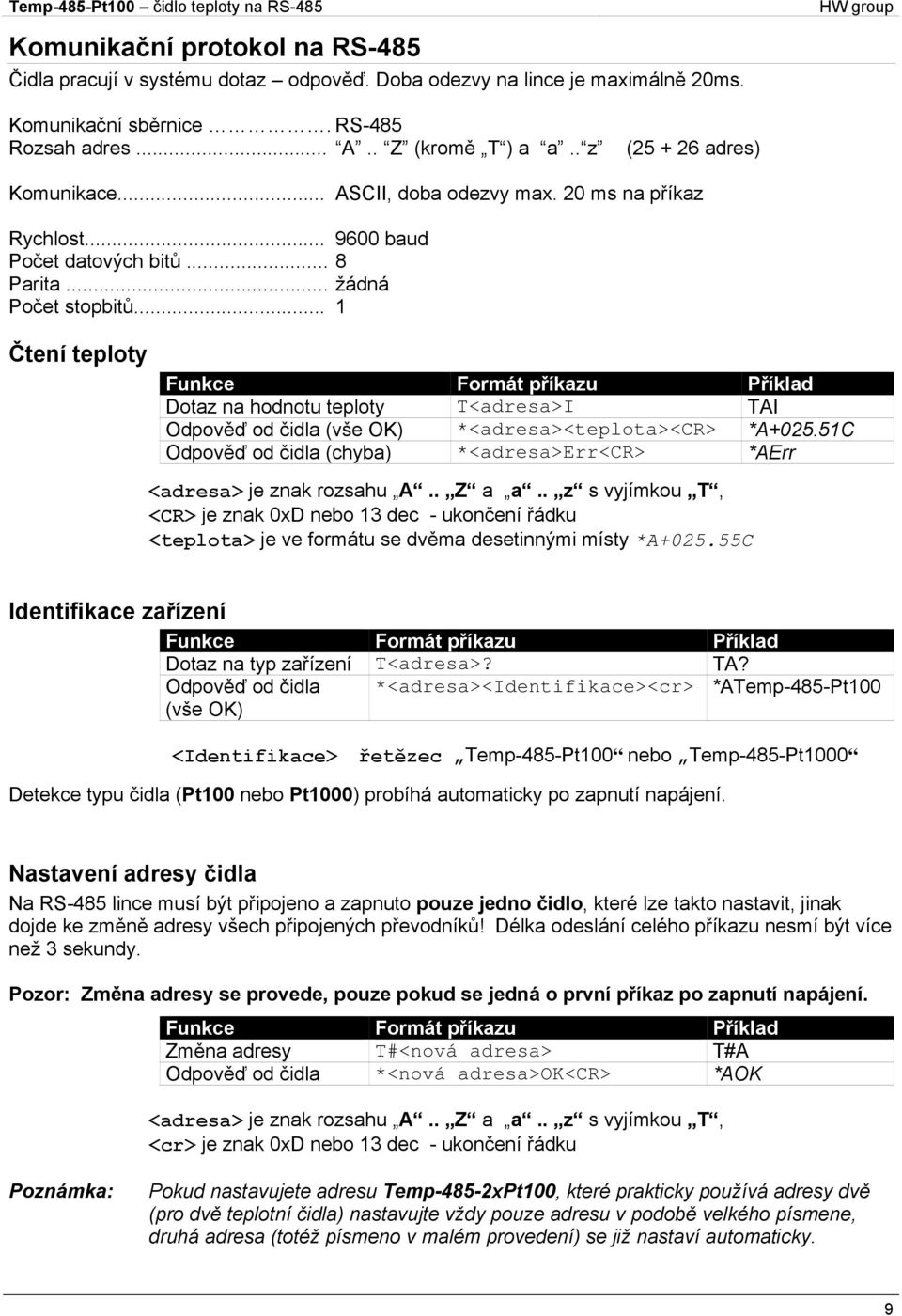 .. 1 Čtení teploty Funkce Formát příkazu Příklad Dotaz na hodnotu teploty T<adresa>I TAI Odpověď od čidla (vše OK) *<adresa><teplota><cr> *A+025.