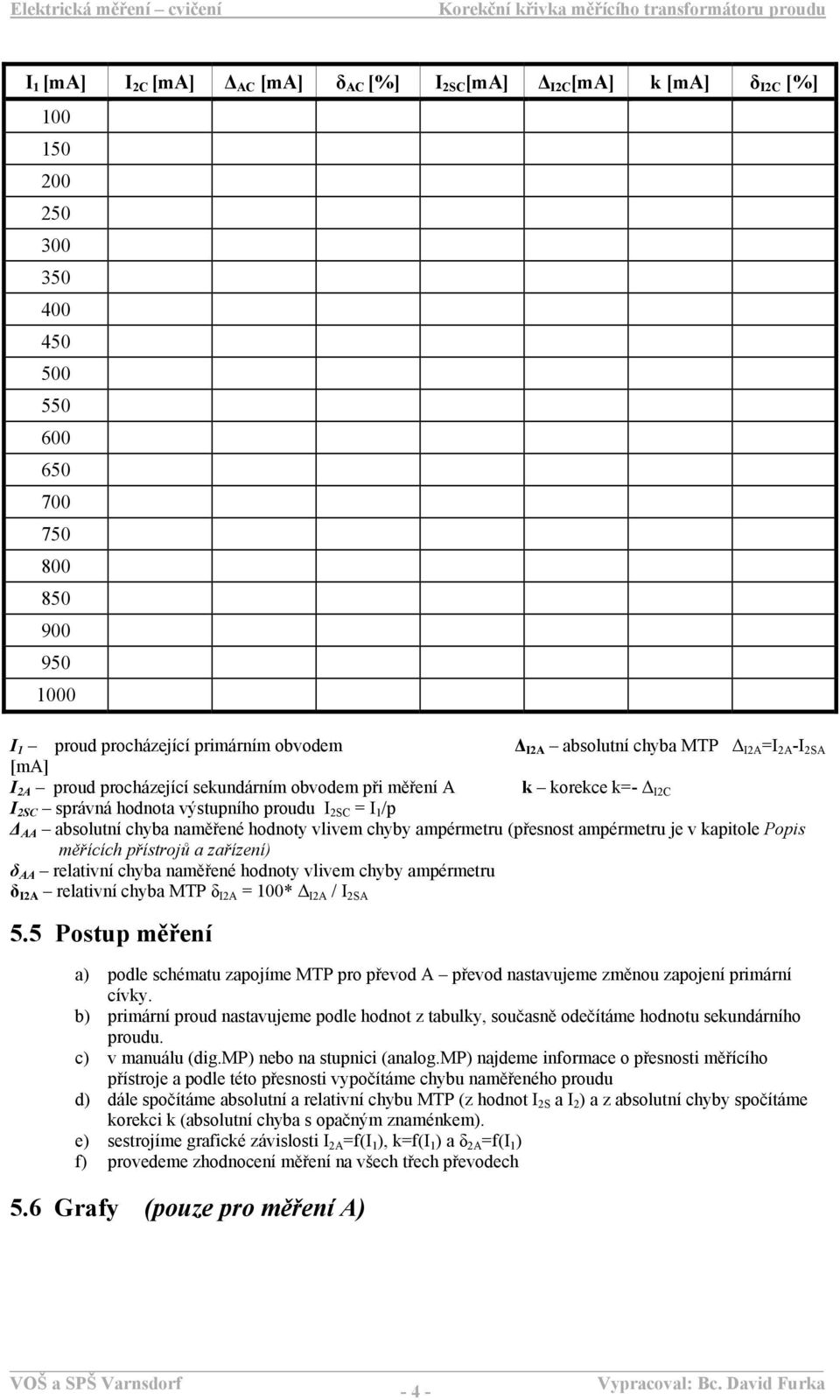 hodnoty vlivem chyby ampérmetru (přesnost ampérmetru je v kapitole Popis měřících přístrojů a zařízení) δ AA relativní chyba naměřené hodnoty vlivem chyby ampérmetru δ I2A relativní chyba MTP δ I2A =