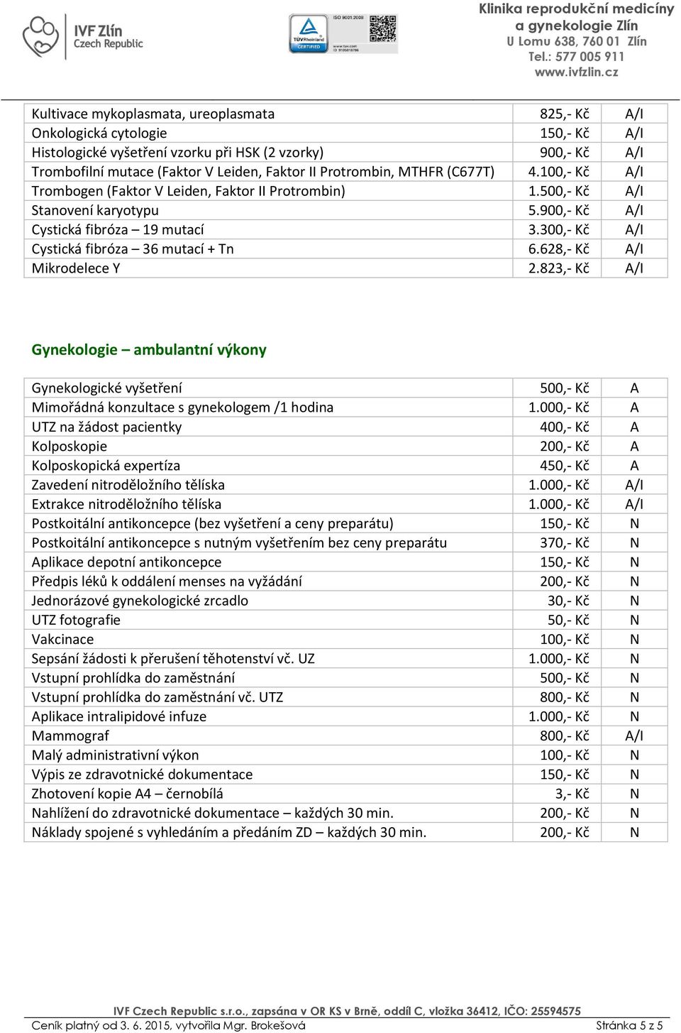 900,- Kč A/I Cystická fibróza 19 mutací 03.300,- Kč A/I Cystická fibróza 36 mutací + Tn 06.628,- Kč A/I Mikrodelece Y 02.823,- Kč A/I Gynekologie ambulantní výkony Gynekologické vyšetření 00.