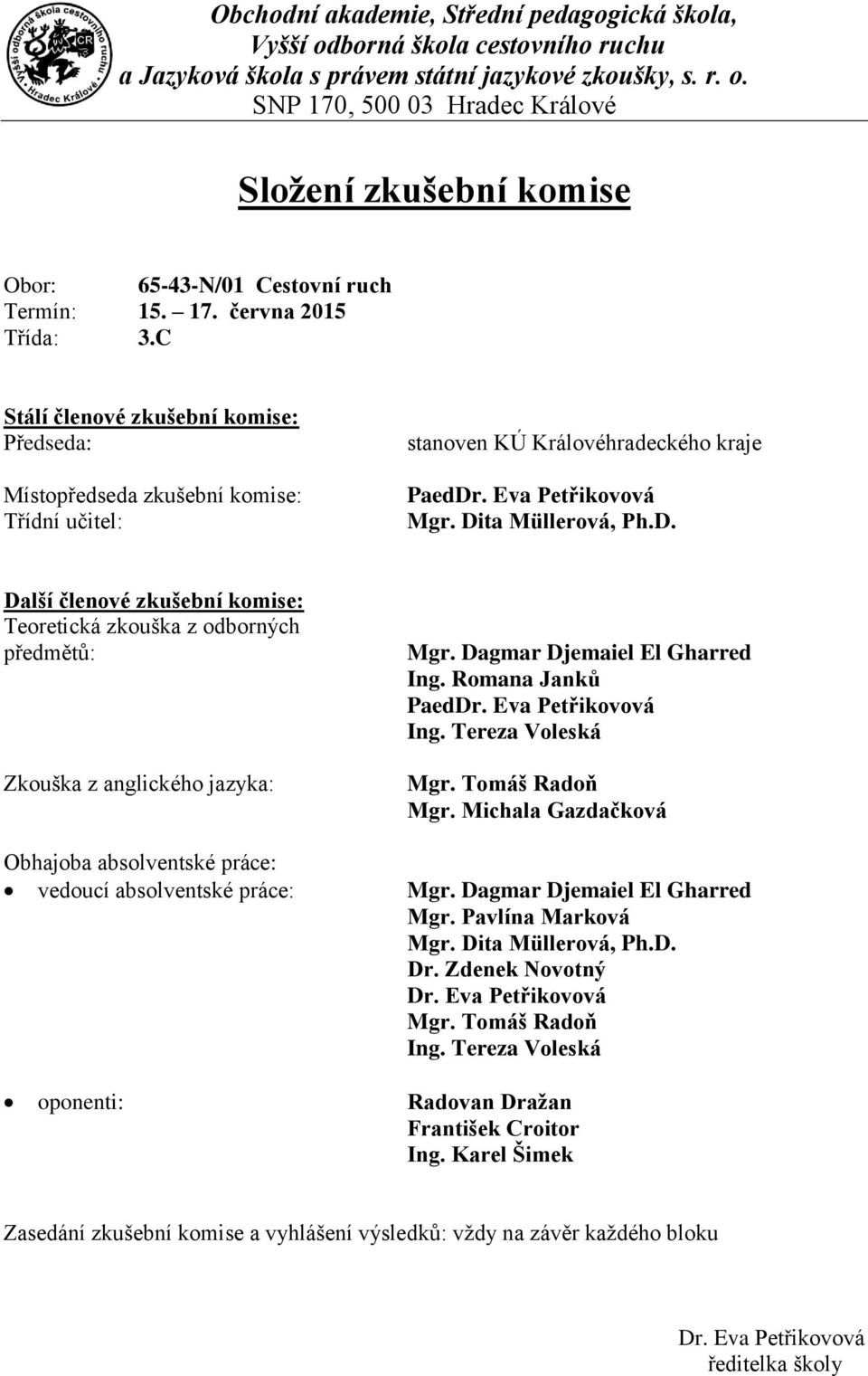 ta Müllerová, Ph.D. Další členové zkušební komise: Teoretická zkouška z odborných předmětů: Zkouška z anglického jazyka: Mgr. Dagmar Djemaiel El Gharred Ing. Romana Janků Paed Ing. Tereza Voleská Mgr.