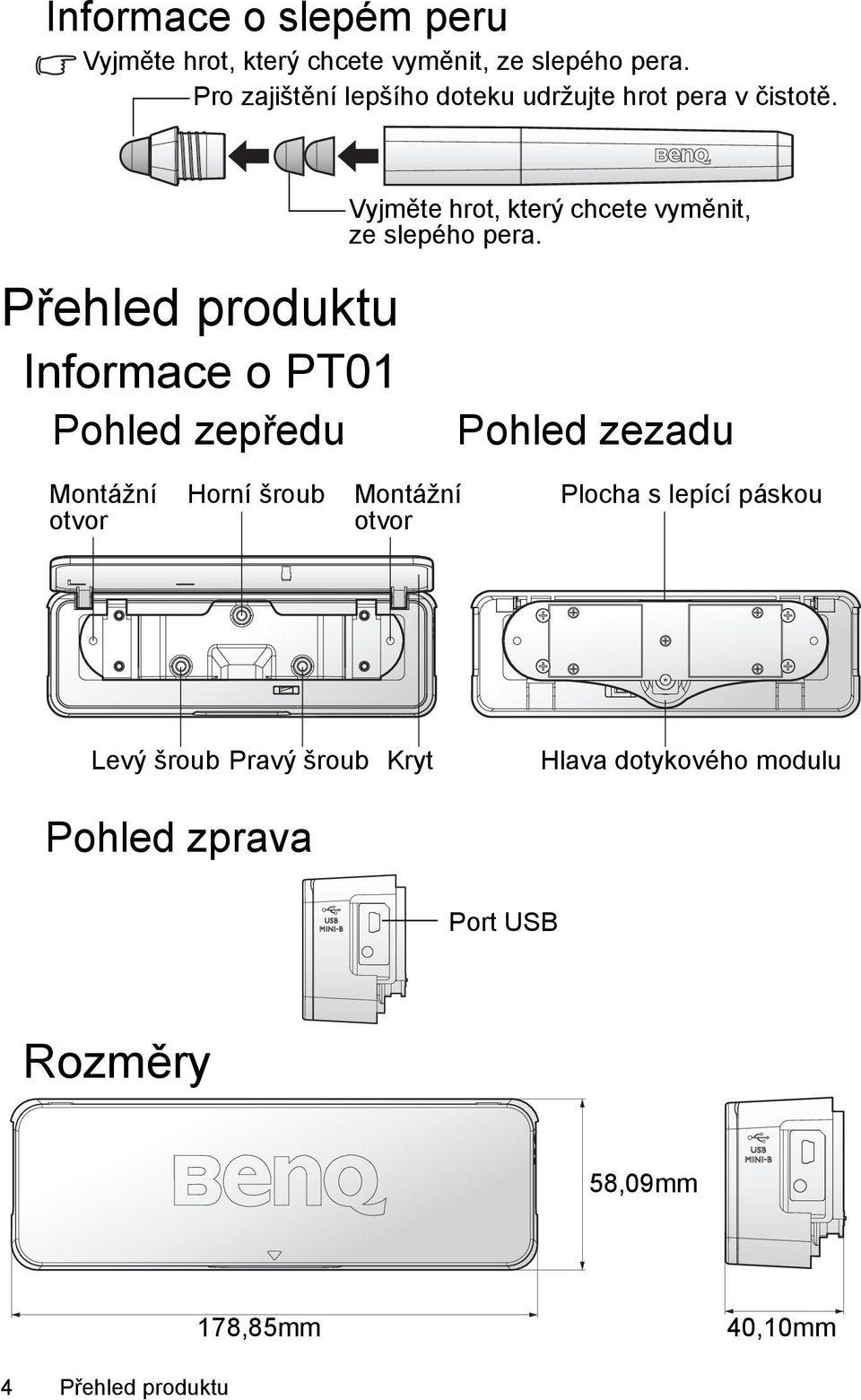 Přehled produktu Informace o PT01 Pohled zepředu Vyjměte hrot, který chcete vyměnit, ze slepého pera.