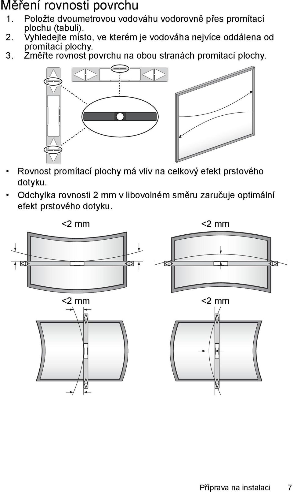 Změřte rovnost povrchu na obou stranách promítací plochy.