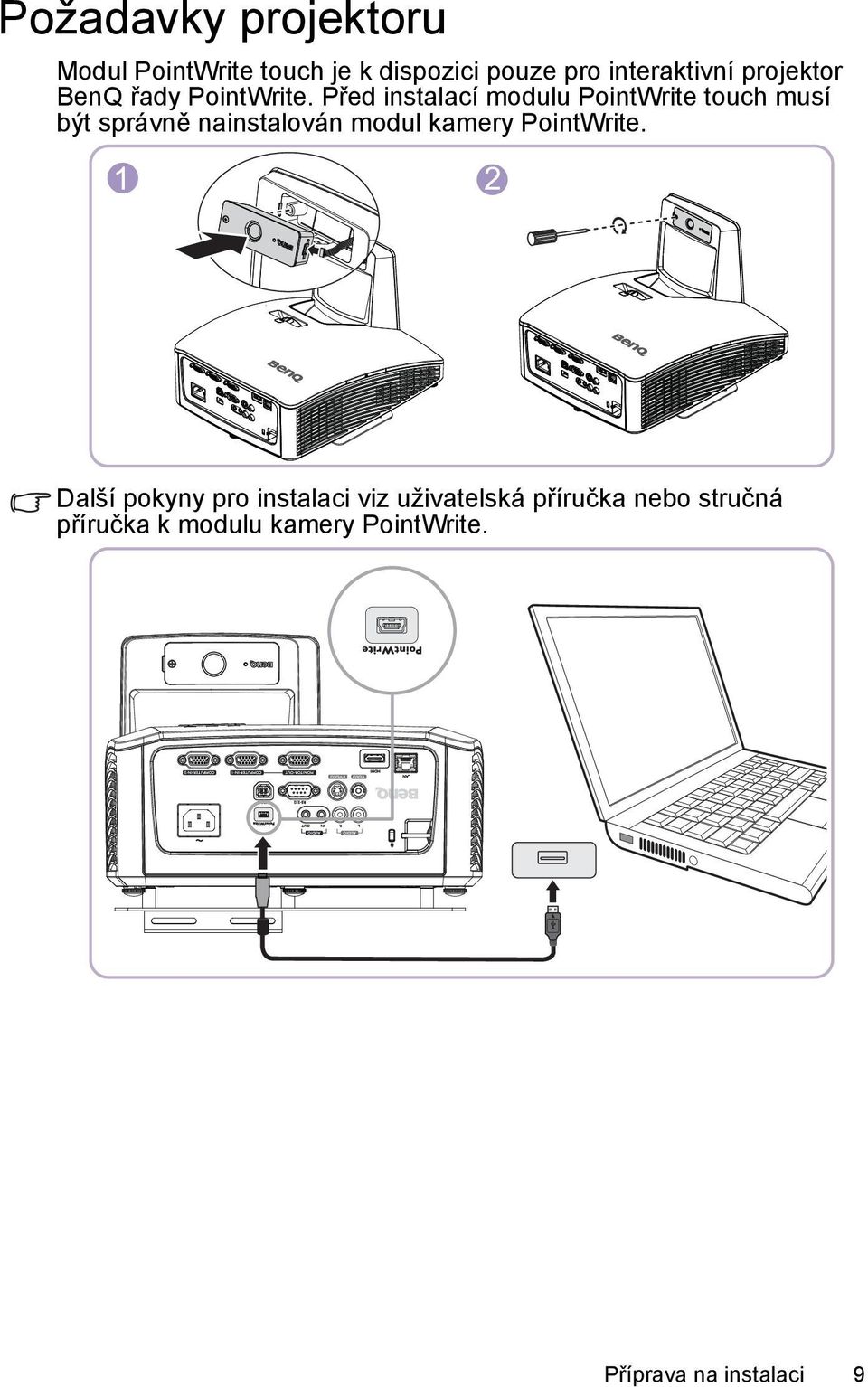 Před instalací modulu PointWrite touch musí být správně nainstalován modul kamery