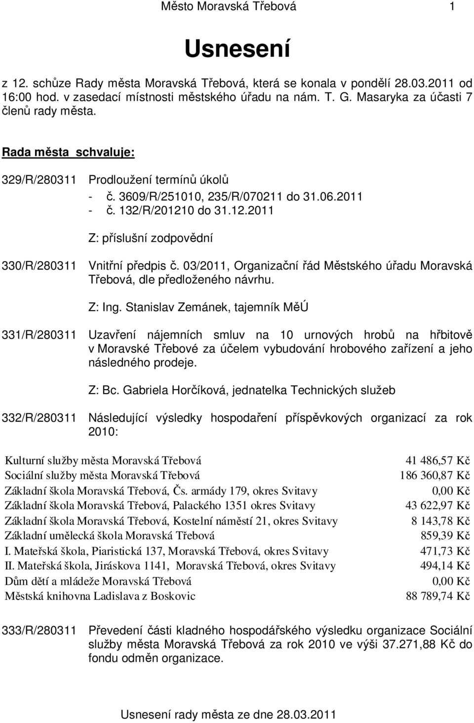 03/2011, Organizační řád Městského úřadu Moravská Třebová, dle předloženého návrhu. Z: Ing.