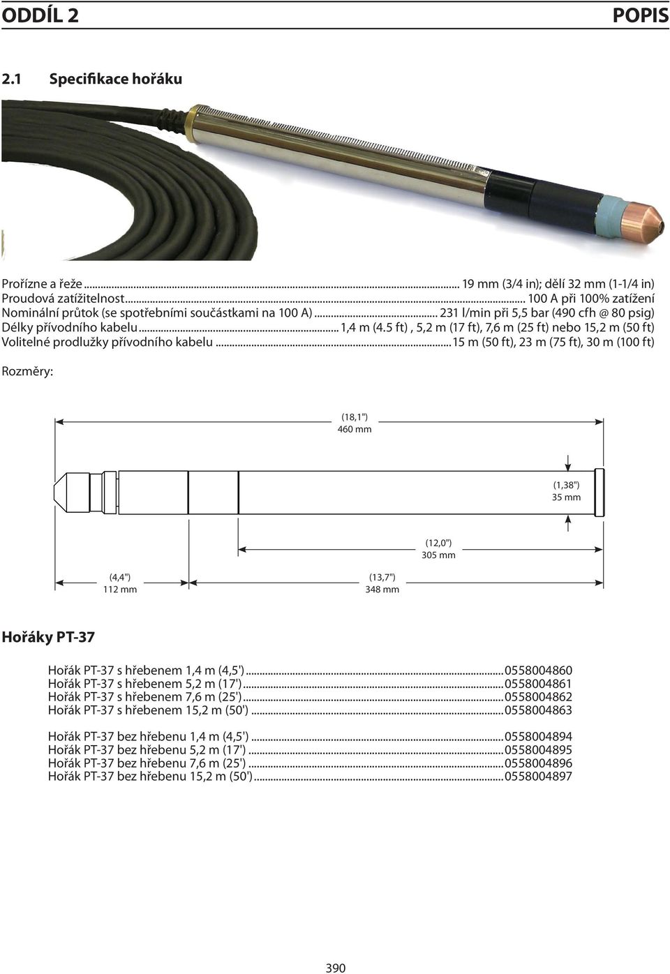 ..15 m (50 ft), 23 m (75 ft), 30 m (100 ft) Rozměry: (18,1") 460 mm (1,38") 35 mm (12,0") 305 mm (4,4") 112 mm (13,7") 348 mm Hořáky PT-37 Hořák PT-37 s hřebenem 1,4 m (4,5').