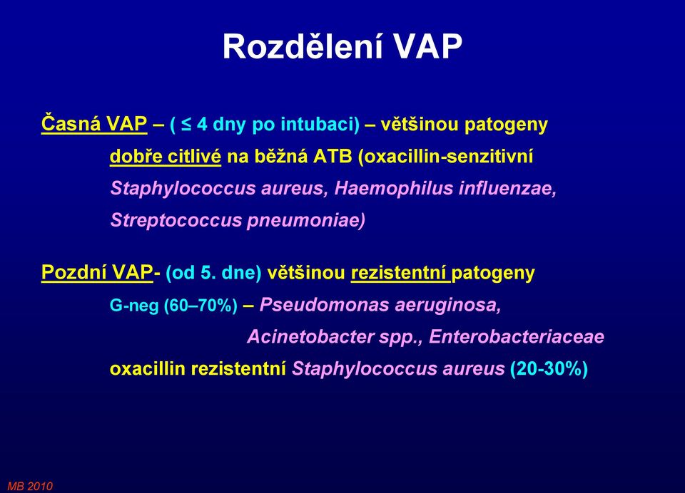 pneumoniae) Pozdní VAP- (od 5.