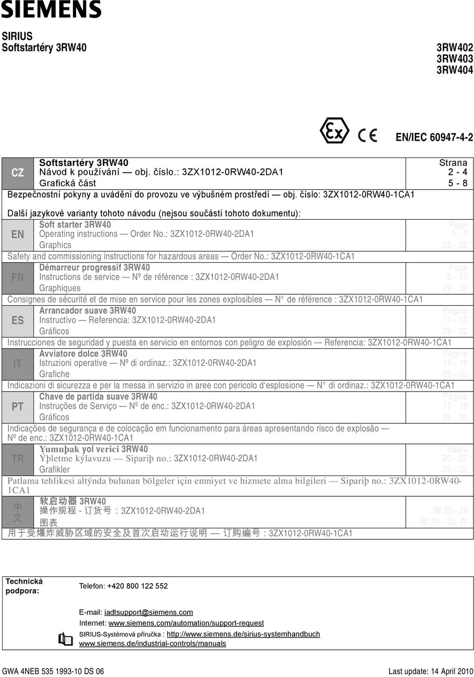 číslo: 3ZX12-0RW40-1CA1 Další jazykové variany ohoo návodu (jsou součásí ohoo dokumenu): Sof sarer 3RW40 Page EN Operaing insrucions Oer No.