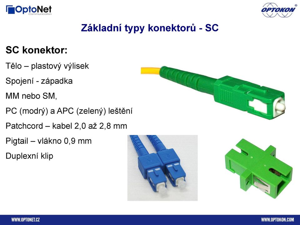 PC (modrý) a APC (zelený) leštění Patchcord