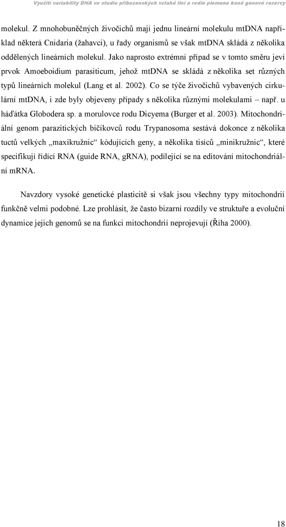 Co se týče ţivočichů vybavených cirkulární mtdna, i zde byly objeveny případy s několika různými molekulami např. u háďátka Globodera sp. a morulovce rodu Dicyema (Burger et al. 2003).