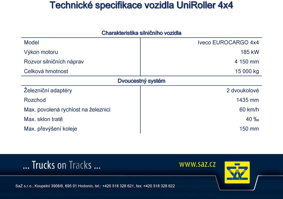 hmotnost 15 000 kg Dvoucestný systém Železniční adaptéry 2 dvoukolové Rozchod 1435 mm