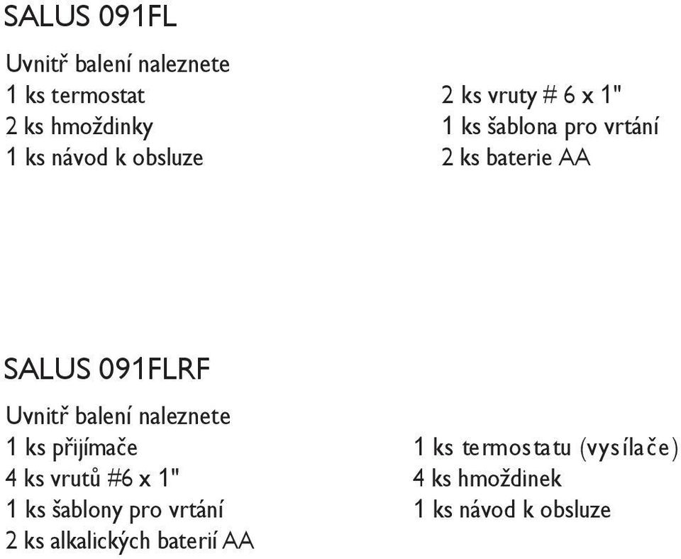 091FLRF Uvnitř balení naleznete 1 ks přijímače 1 ks termosta tu (vysíla če) 4 ks