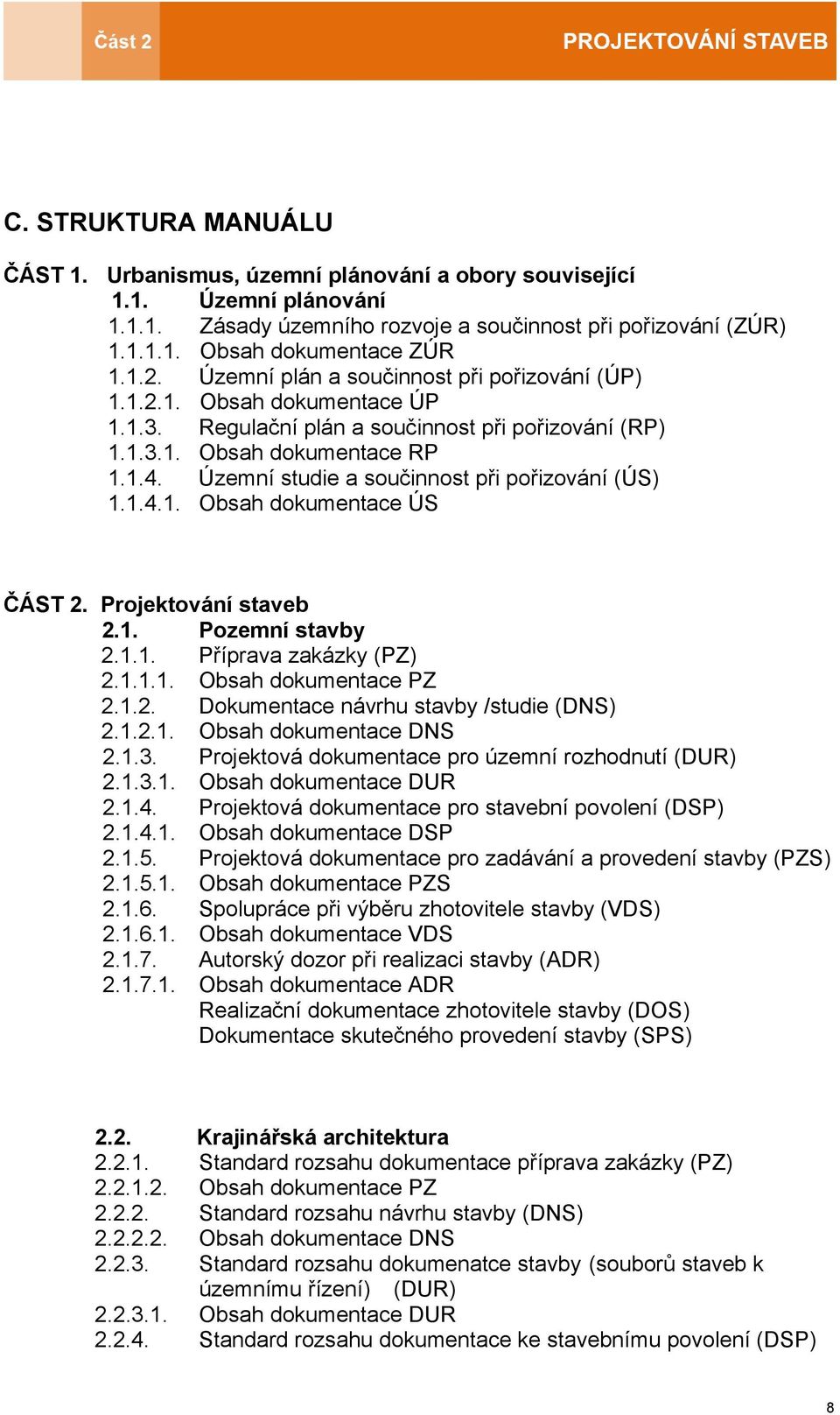 Územní studie a součinnost při pořizování (ÚS) 1.1.4.1. Obsah dokumentace ÚS ČÁST 2. Projektování staveb 2.1. Pozemní stavby 2.1.1. Příprava zakázky (PZ) 2.1.1.1. Obsah dokumentace PZ 2.1.2. Dokumentace návrhu stavby /studie (DNS) 2.