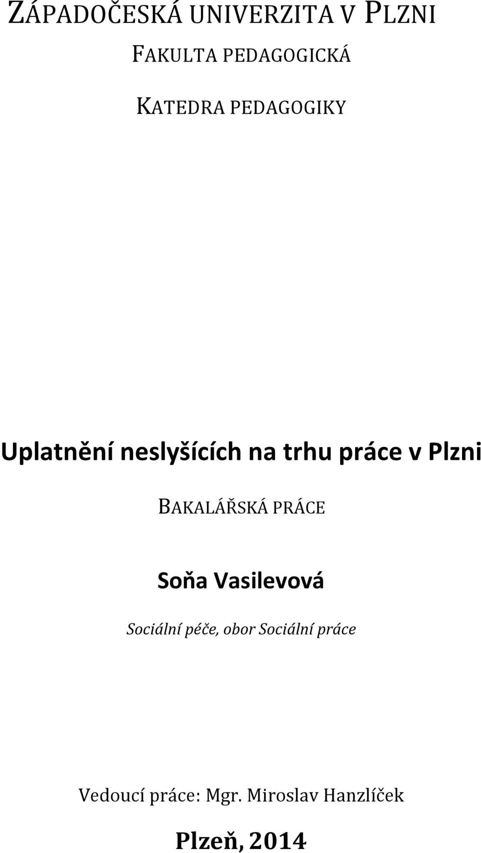 Plzni BAKALÁŘSKÁ PRÁCE Soňa Vasilevová Sociální péče,