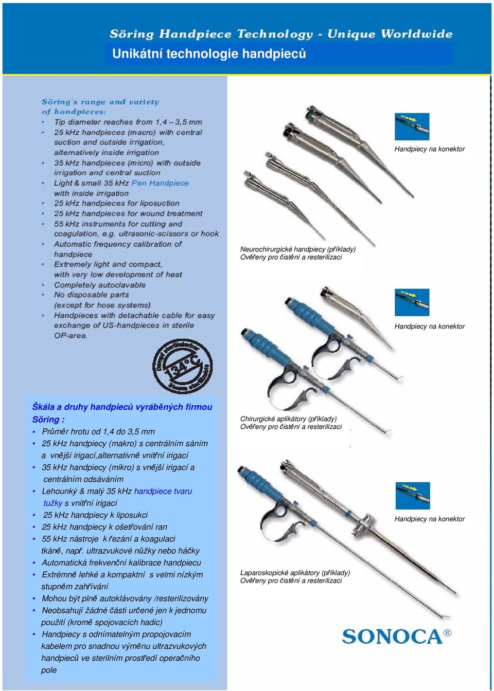 malý 35 khz handpiece tvaru tužky s vnitřní irigací 25 khz handpiecy k liposukci 25 khz handpiecy k ošetřování ran 55 khz nástroje k řezání a koagulaci tkáně, např.