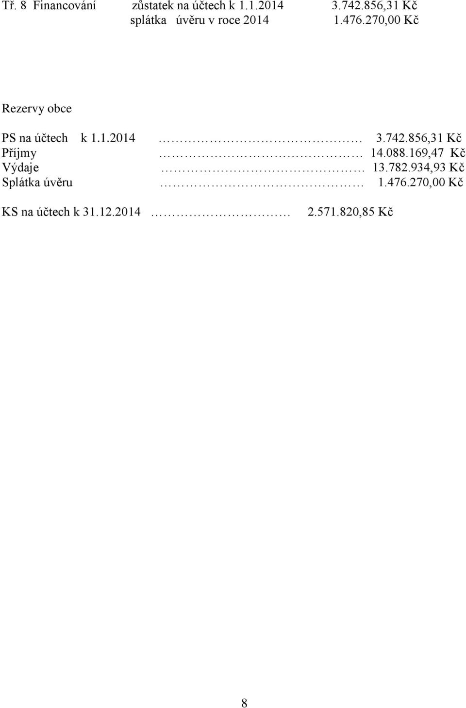 270,00 Kč Rezervy obce PS na účtech k 1.
