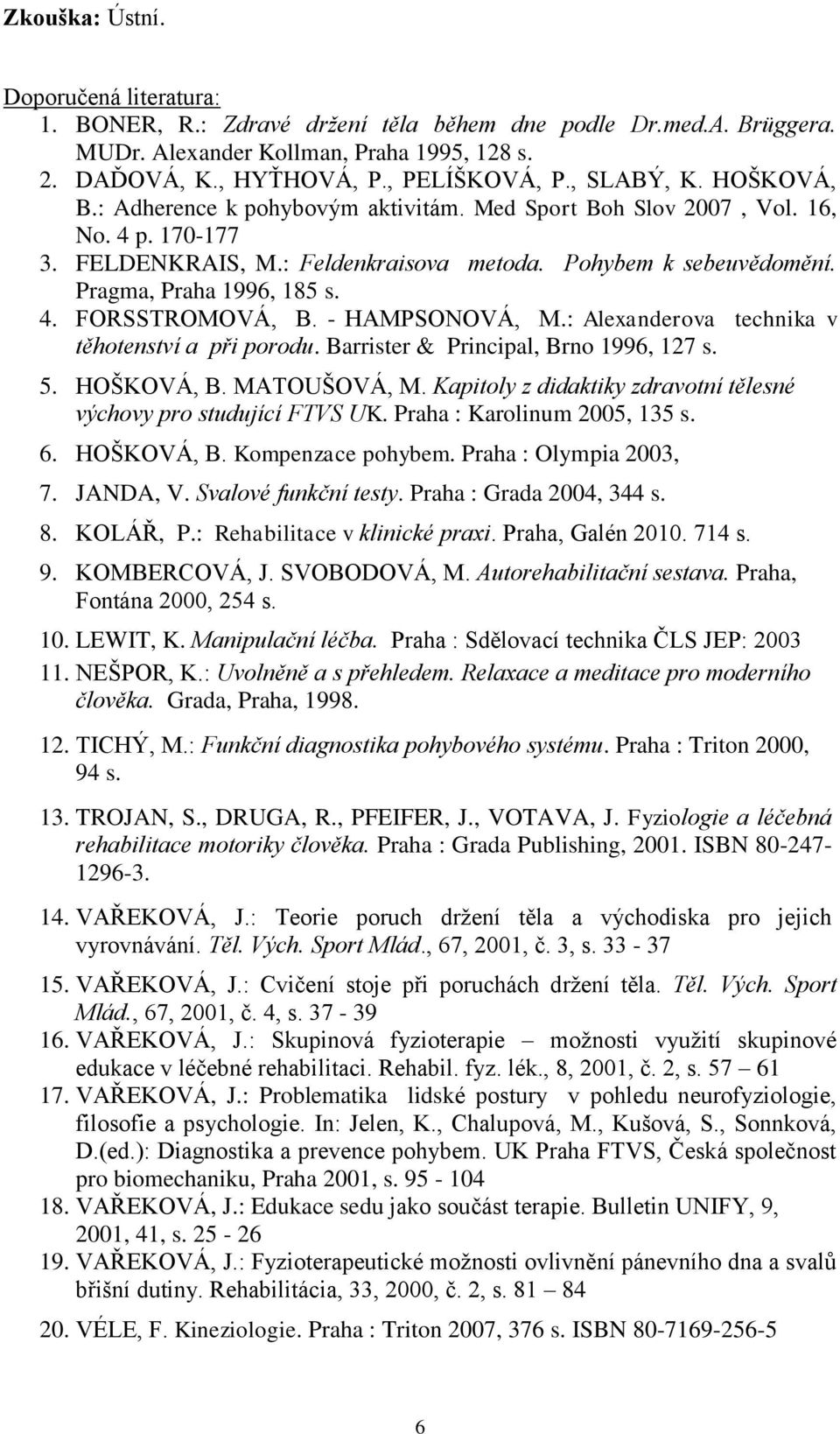 - HAMPSONOVÁ, M.: Alexanderova technika v těhotenství a při porodu. Barrister & Principal, Brno 1996, 127 s. 5. HOŠKOVÁ, B. MATOUŠOVÁ, M.