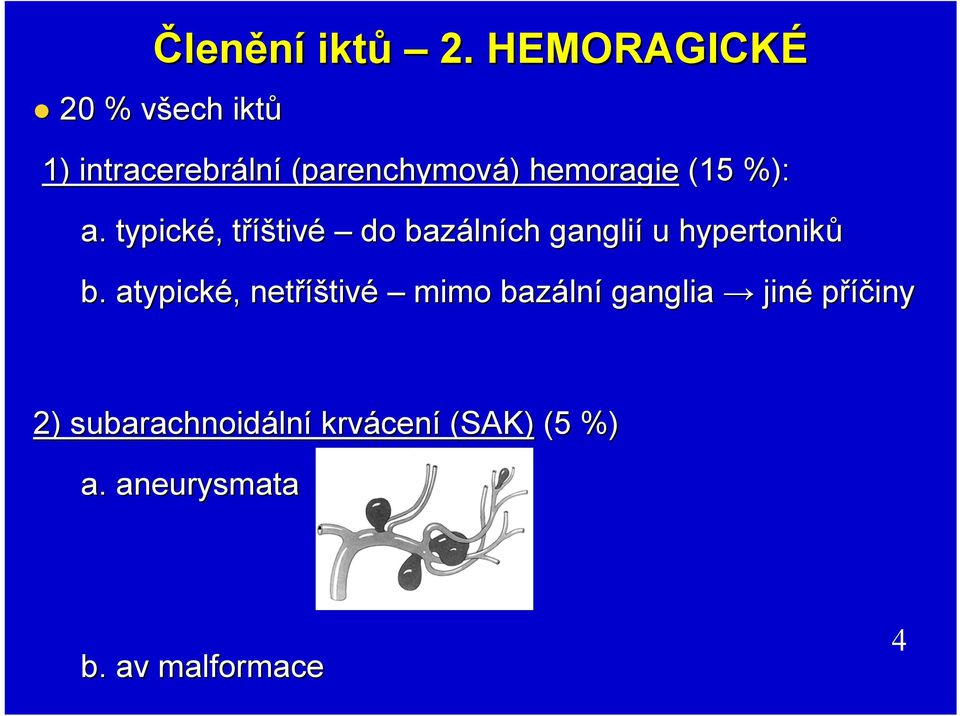 (15 %): a. typické, tříštivé do bazáln lních ganglií u hypertoniků b.