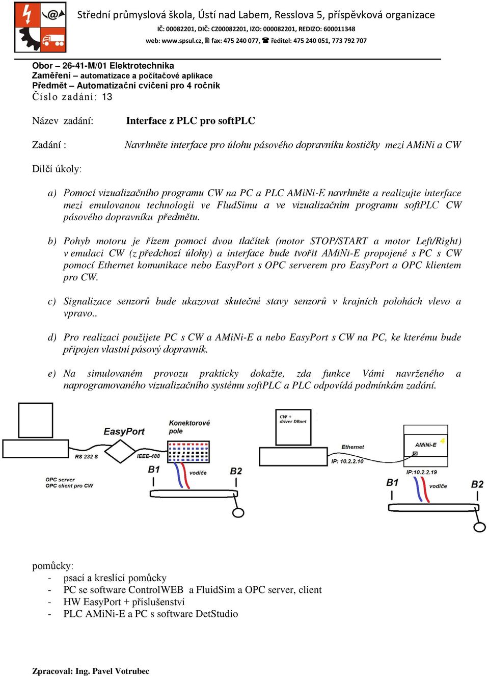 b) Pohyb motoru je řízem pomocí dvou tlačítek (motor STOP/START a motor Left/Right) v emulaci CW (z předchozí úlohy) a interface bude tvořit AMiNi-E propojené s PC s CW pomocí Ethernet komunikace