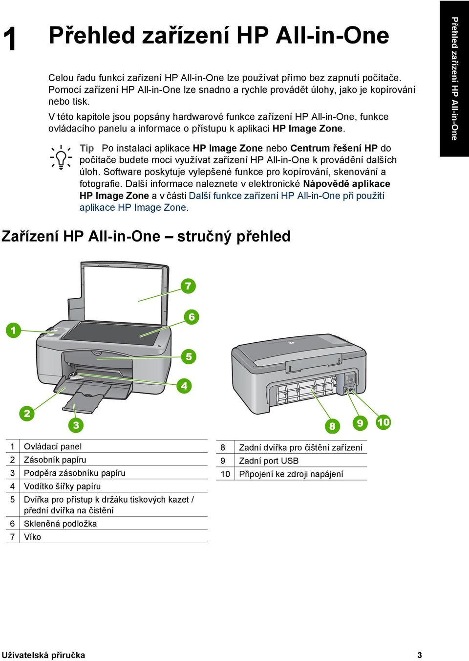 V této kapitole jsou popsány hardwarové funkce zařízení HP All-in-One, funkce ovládacího panelu a informace o přístupu k aplikaci HP Image Zone.