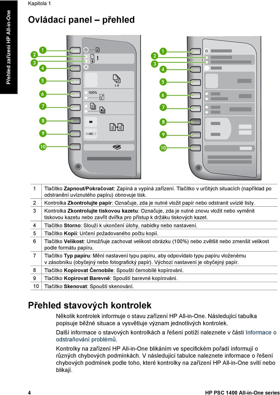 3 Kontrolka Zkontrolujte tiskovou kazetu: Označuje, zda je nutné znovu vložit nebo vyměnit tiskovou kazetu nebo zavřít dvířka pro přístup k držáku tiskových kazet.