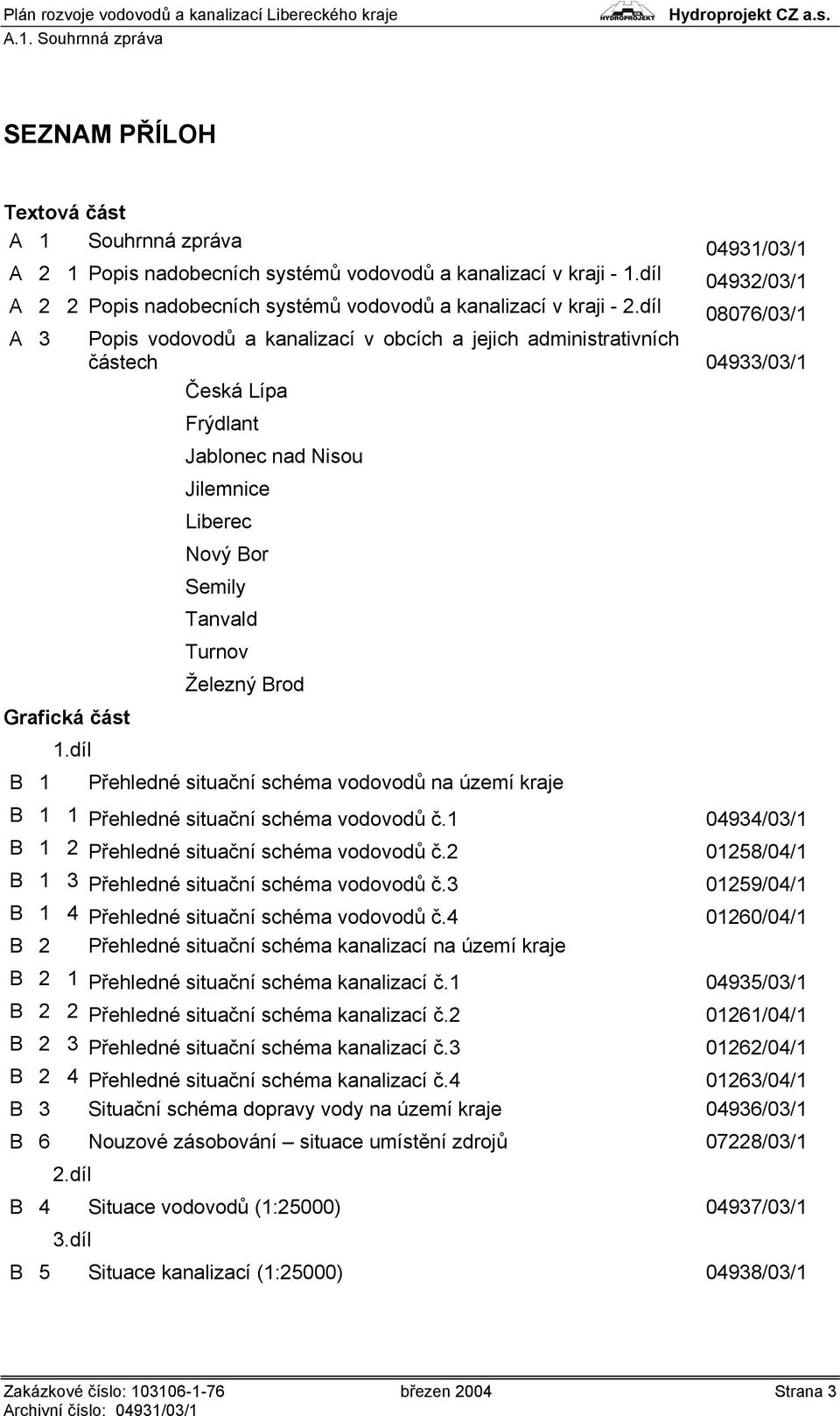 díl 08076/03/1 A 3 Popis vodovodů a kanalizací v obcích a jejich administrativních částech 04933/03/1 Česká Lípa Grafická část B 1 1.