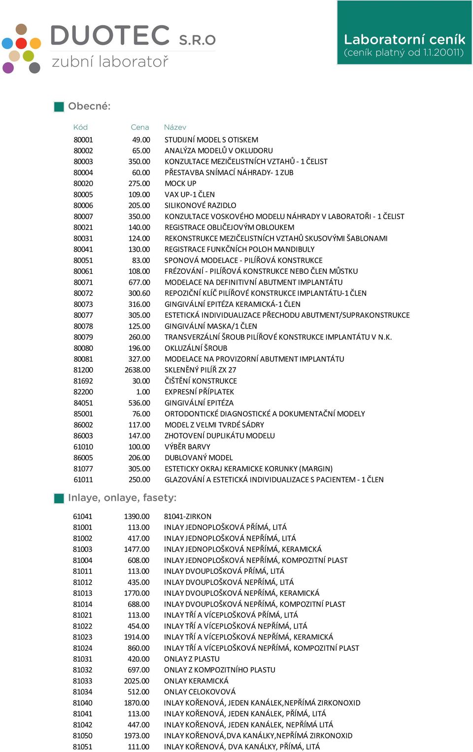 00 KONZULTACE VOSKOVÉHO MODELU NÁHRADY V LABORATOŘI - 1 ČELIST 80021 140.00 REGISTRACE OBLIČEJOVÝM OBLOUKEM 80031 124.00 REKONSTRUKCE MEZIČELISTNÍCH VZTAHŮ SKUSOVÝMI ŠABLONAMI 80041 130.