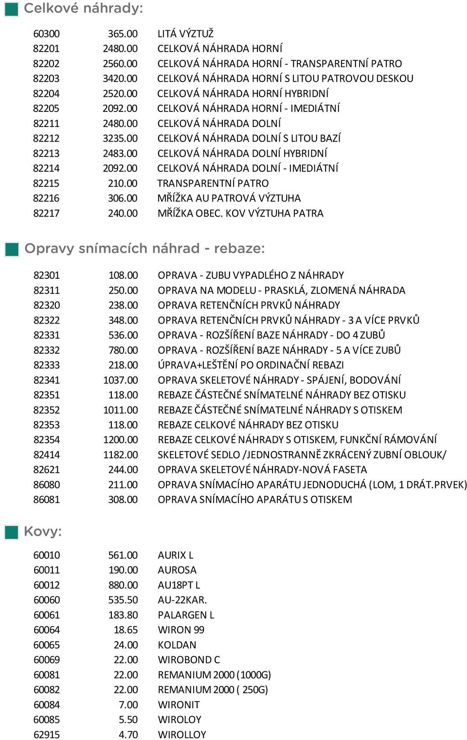 00 CELKOVÁ NÁHRADA DOLNÍ S LITOU BAZÍ 82213 2483.00 CELKOVÁ NÁHRADA DOLNÍ HYBRIDNÍ 82214 2092.00 CELKOVÁ NÁHRADA DOLNÍ - IMEDIÁTNÍ 82215 210.00 TRANSPARENTNÍ PATRO 82216 306.