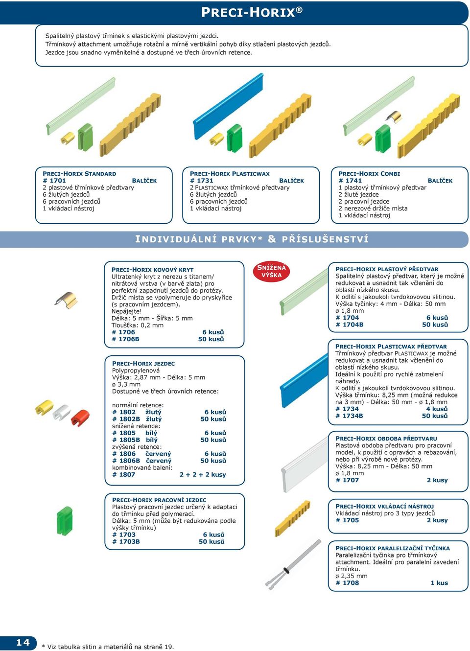 PRECI-HORIX STANDARD # 1701 BALÍČEK 2 plastové třmínkové předtvary žlutých jezdců pracovních jezdců 1 vkládací nástroj PRECI-HORIX PLASTICWAX # 1731 BALÍČEK 2 PLASTICWAX třmínkové předtvary žlutých