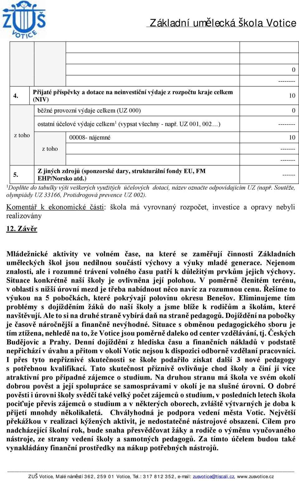 ) ------ 1 Doplňte do tabulky výši veškerých využitých účelových dotací, název označte odpovídajícím UZ (např. Soutěže, olympiády UZ 33166, Protidrogová prevence UZ 002).