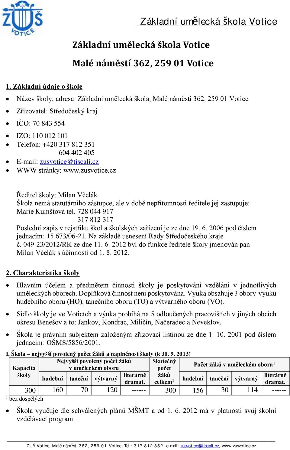 405 E-mail: zusvotice@tiscali.cz WWW stránky: www.zusvotice.cz Ředitel školy: Milan Včelák Škola nemá statutárního zástupce, ale v době nepřítomnosti ředitele jej zastupuje: Marie Kumštová tel.