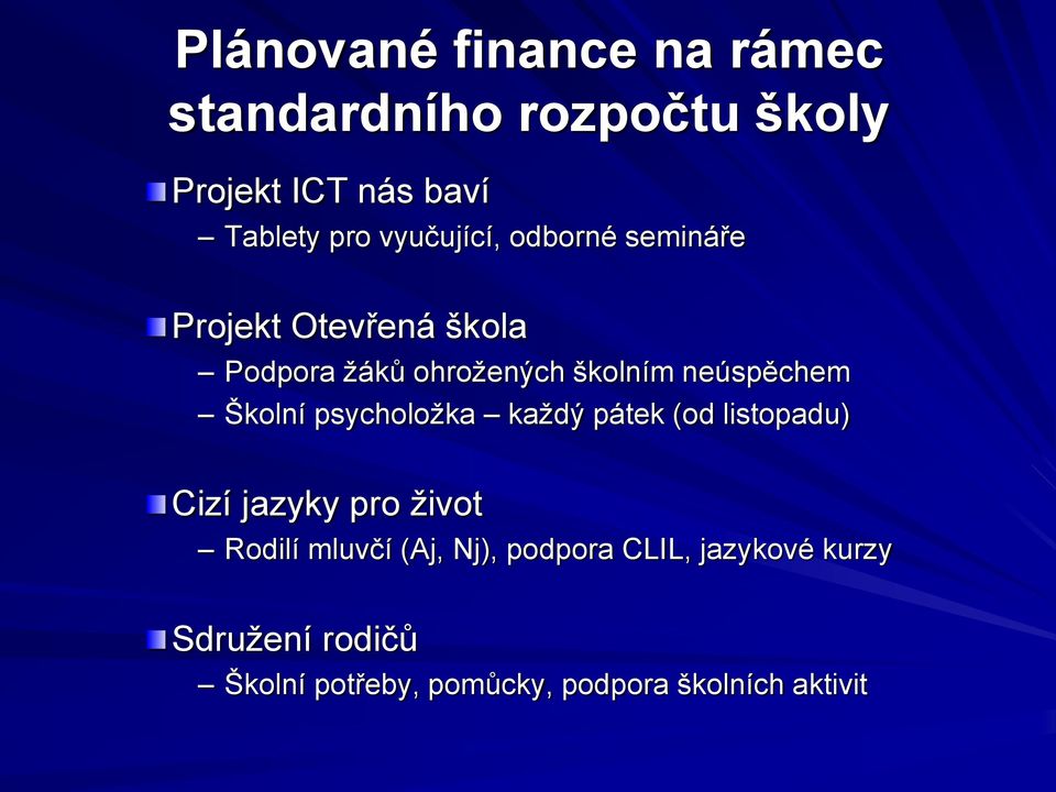 neúspěchem Školní psycholožka každý pátek (od listopadu) Cizí jazyky pro život Rodilí