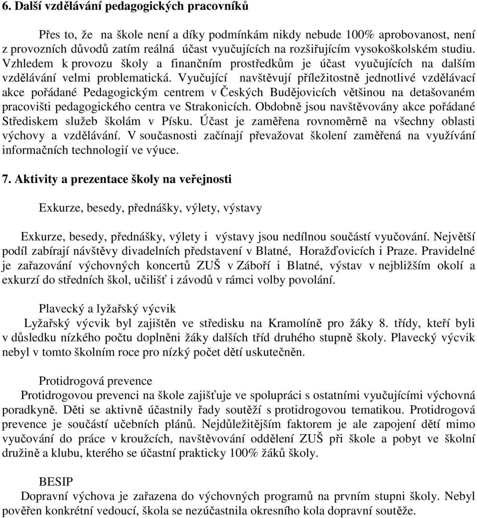 Vyučující navštěvují příležitostně jednotlivé vzdělávací akce pořádané Pedagogickým centrem v Českých Budějovicích většinou na detašovaném pracovišti pedagogického centra ve Strakonicích.