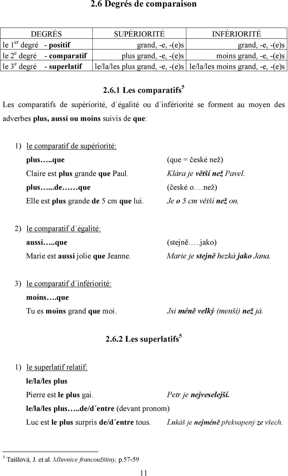 1 Les comparatifs 5 Les comparatifs de supériorité, d égalité ou d infériorité se forment au moyen des adverbes plus, aussi ou moins suivis de que: 1) le comparatif de supériorité: plus.