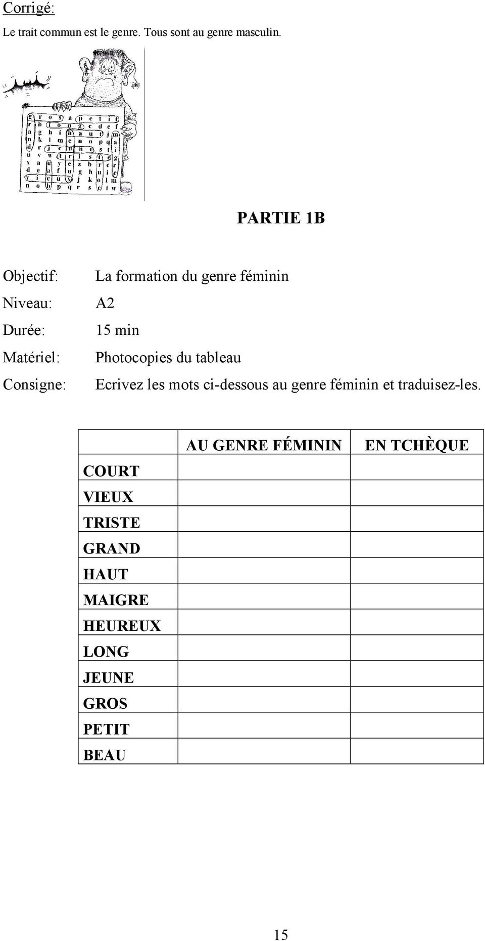 15 min Photocopies du tableau Ecrivez les mots ci-dessous au genre féminin et