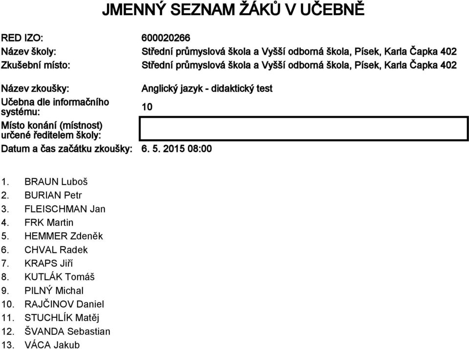 10 Místo konání (místnost) určené ředitelem školy: Datum a čas začátku zkoušky: 6. 5. 2015 08:00 1. BRAUN Luboš 2. BURIAN Petr 3. FLEISCHMAN Jan 4.