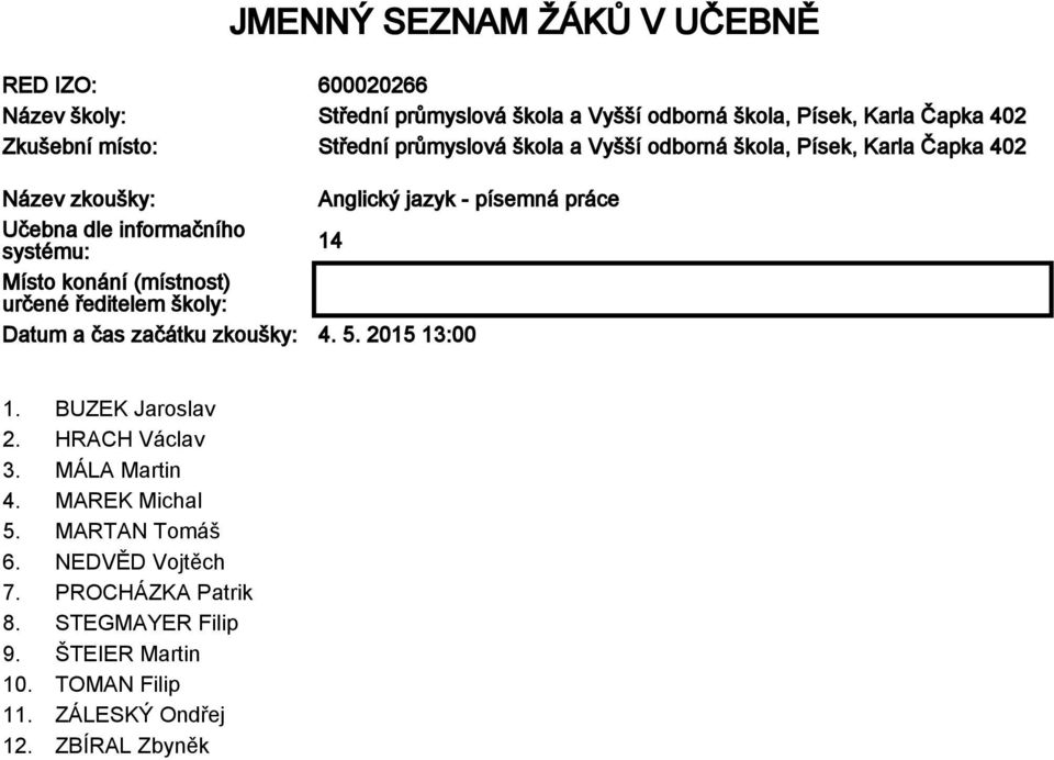 14 Místo konání (místnost) určené ředitelem školy: Datum a čas začátku zkoušky: 4. 5. 2015 13:00 1. BUZEK Jaroslav 2. HRACH Václav 3. MÁLA Martin 4.