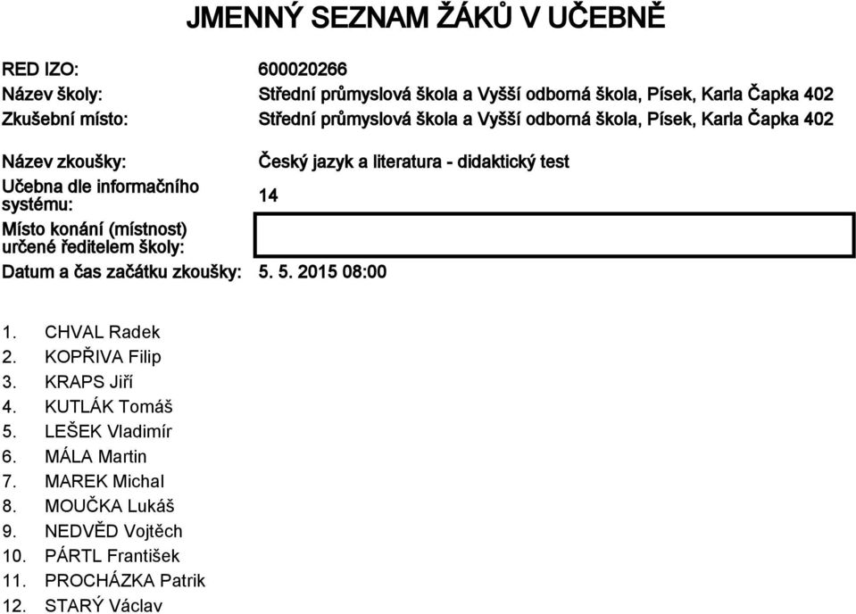 informačního systému: 14 Místo konání (místnost) určené ředitelem školy: Datum a čas začátku zkoušky: 5. 5. 2015 08:00 1. CHVAL Radek 2.