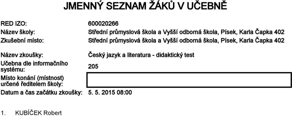 Karla Čapka 402 Název zkoušky: Český jazyk a literatura - didaktický test Učebna dle informačního