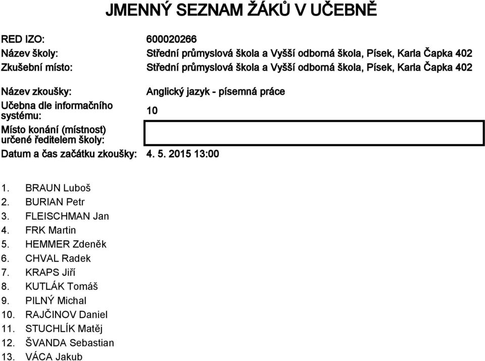 10 Místo konání (místnost) určené ředitelem školy: Datum a čas začátku zkoušky: 4. 5. 2015 13:00 1. BRAUN Luboš 2. BURIAN Petr 3. FLEISCHMAN Jan 4.