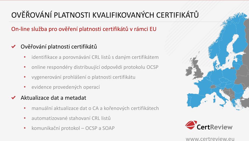 protokolu OCSP vygenerování prohlášení o platnosti certifikátu evidence provedených operací Aktualizace dat a metadat