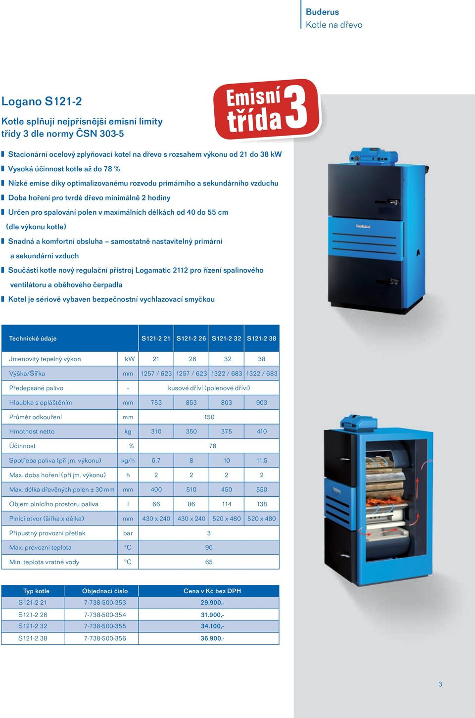 40 do 55 cm (dle výkonu kotle) Snadná a komfortní obsluha samostatně nastavitelný primární a sekundární vzduch Součástí kotle nový regulační přístroj Logamatic 2112 pro řízení spalinového ventilátoru