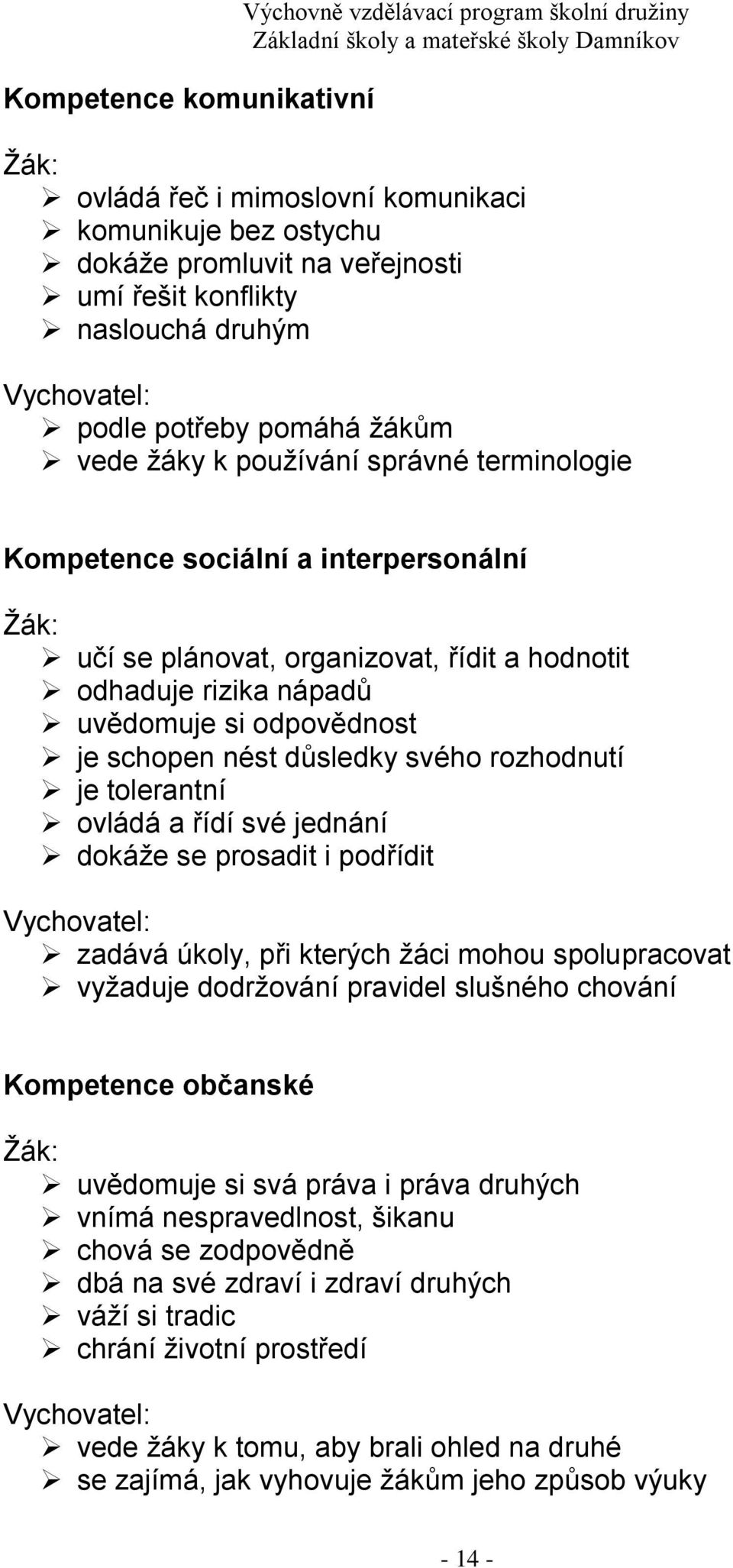 uvědomuje si odpovědnost je schopen nést důsledky svého rozhodnutí je tolerantní ovládá a řídí své jednání dokáže se prosadit i podřídit Vychovatel: zadává úkoly, při kterých žáci mohou spolupracovat