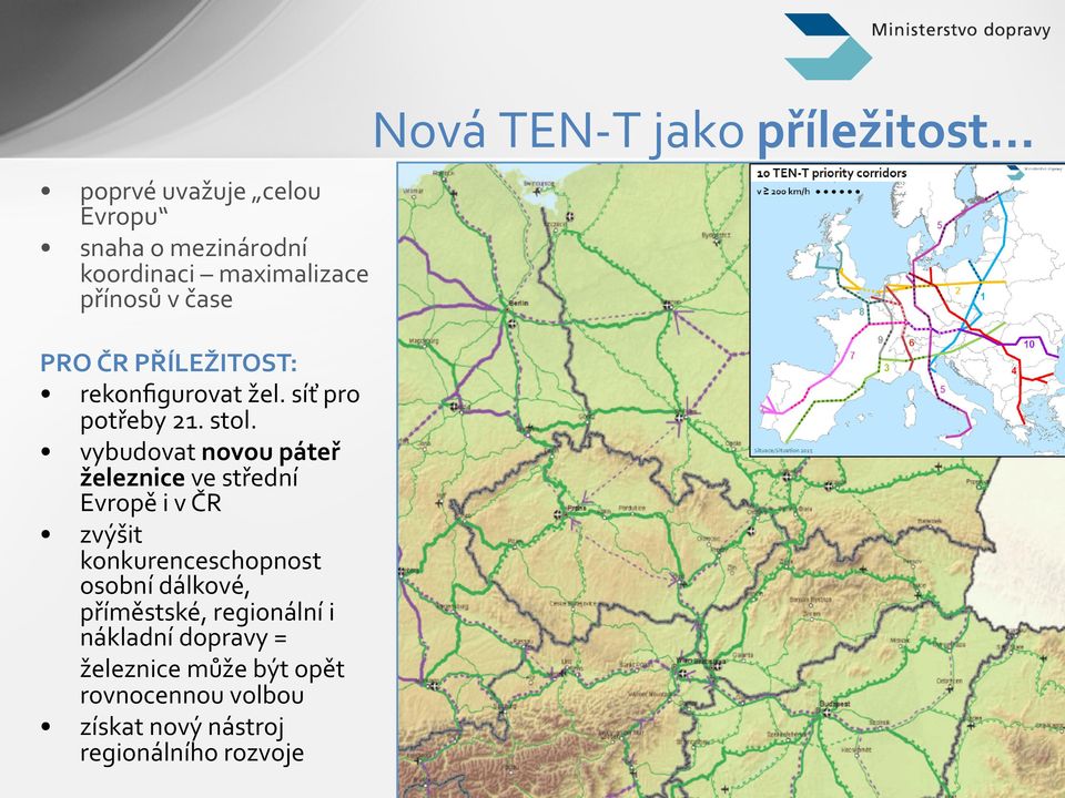 vybudovat novou páteř železnice ve střední Evropě i v ČR zvýšit konkurenceschopnost osobní dálkové,
