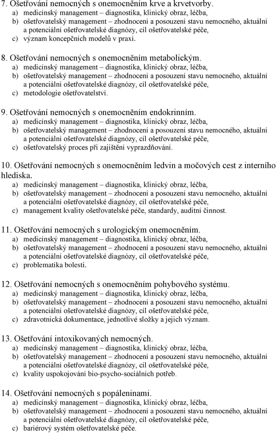 c) management kvality ošetřovatelské péče, standardy, auditní činnost. 11. Ošetřování nemocných s urologickým onemocněním. c) problematika bolesti. 12.