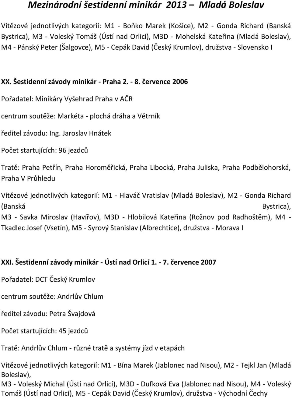července 2006 Pořadatel: Minikáry Vyšehrad Praha v AČR centrum soutěže: Markéta - plochá dráha a Větrník ředitel závodu: Ing.