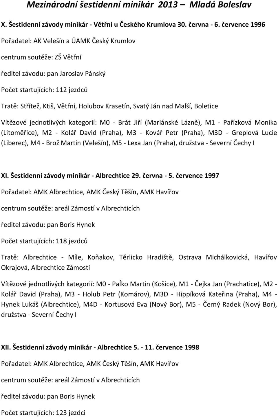 Svatý Ján nad Malší, Boletice Vítězové jednotlivých kategorií: M0 - Brát Jiří (Mariánské Lázně), M1 - Pařízková Monika (Litoměřice), M2 - Kolář David (Praha), M3 - Kovář Petr (Praha), M3D - Greplová