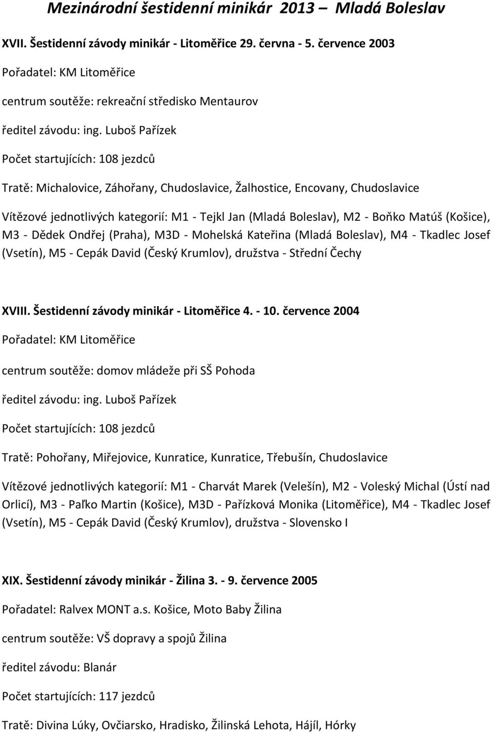 Boňko Matúš (Košice), M3 - Dědek Ondřej (Praha), M3D - Mohelská Kateřina (Mladá Boleslav), M4 - Tkadlec Josef (Vsetín), M5 - Cepák David (Český Krumlov), družstva - Střední Čechy XVIII.