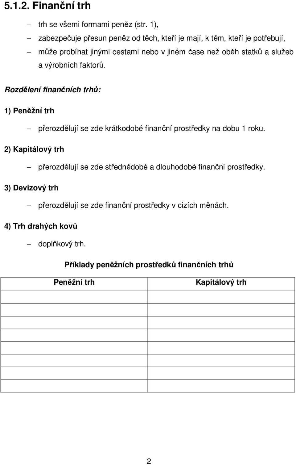 služeb a výrobních faktorů. Rozdělení finančních trhů: 1) Peněžní trh přerozdělují se zde krátkodobé finanční prostředky na dobu 1 roku.