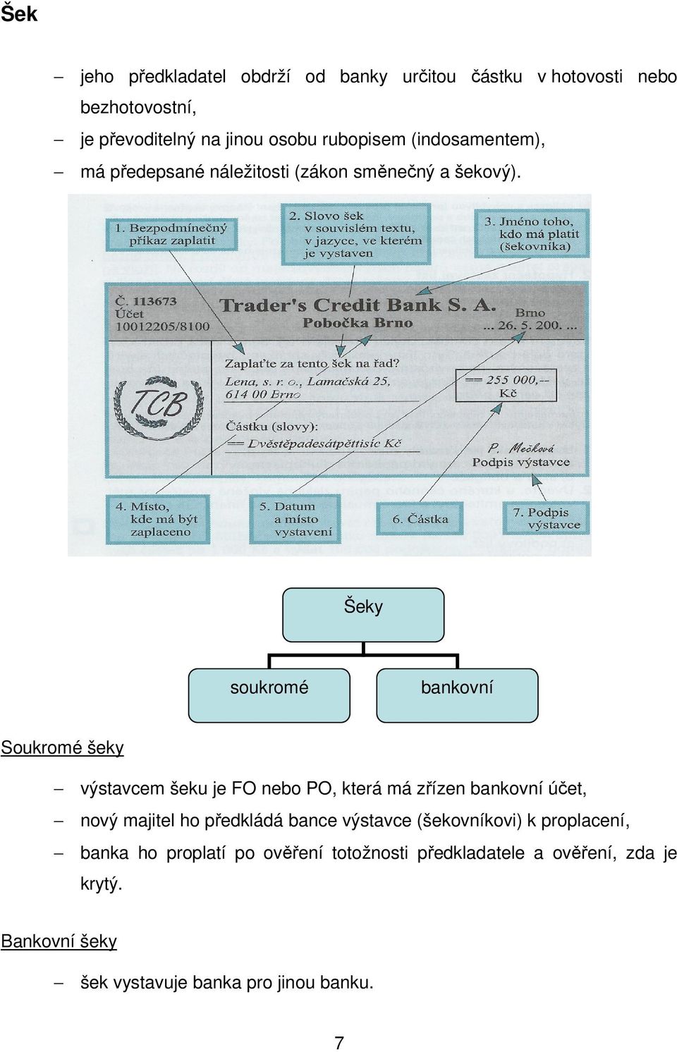 Šeky soukromé bankovní Soukromé šeky výstavcem šeku je FO nebo PO, která má zřízen bankovní účet, nový majitel ho předkládá